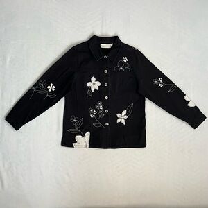 Susan Bristol Black Denim Jacket Medium Embroidered Floral White Boho Vintage